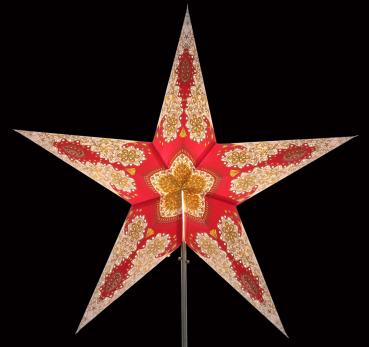 Royal rot/weiß Glitter  - Faltbarer Leuchtstern, Weihnachtsstern aus Papier mit 5 Zacken, 60 cm